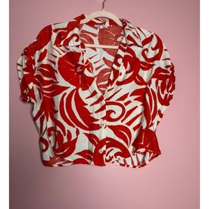 Peach Red White Tropical Floral Button Down Crop Top Womens Medium